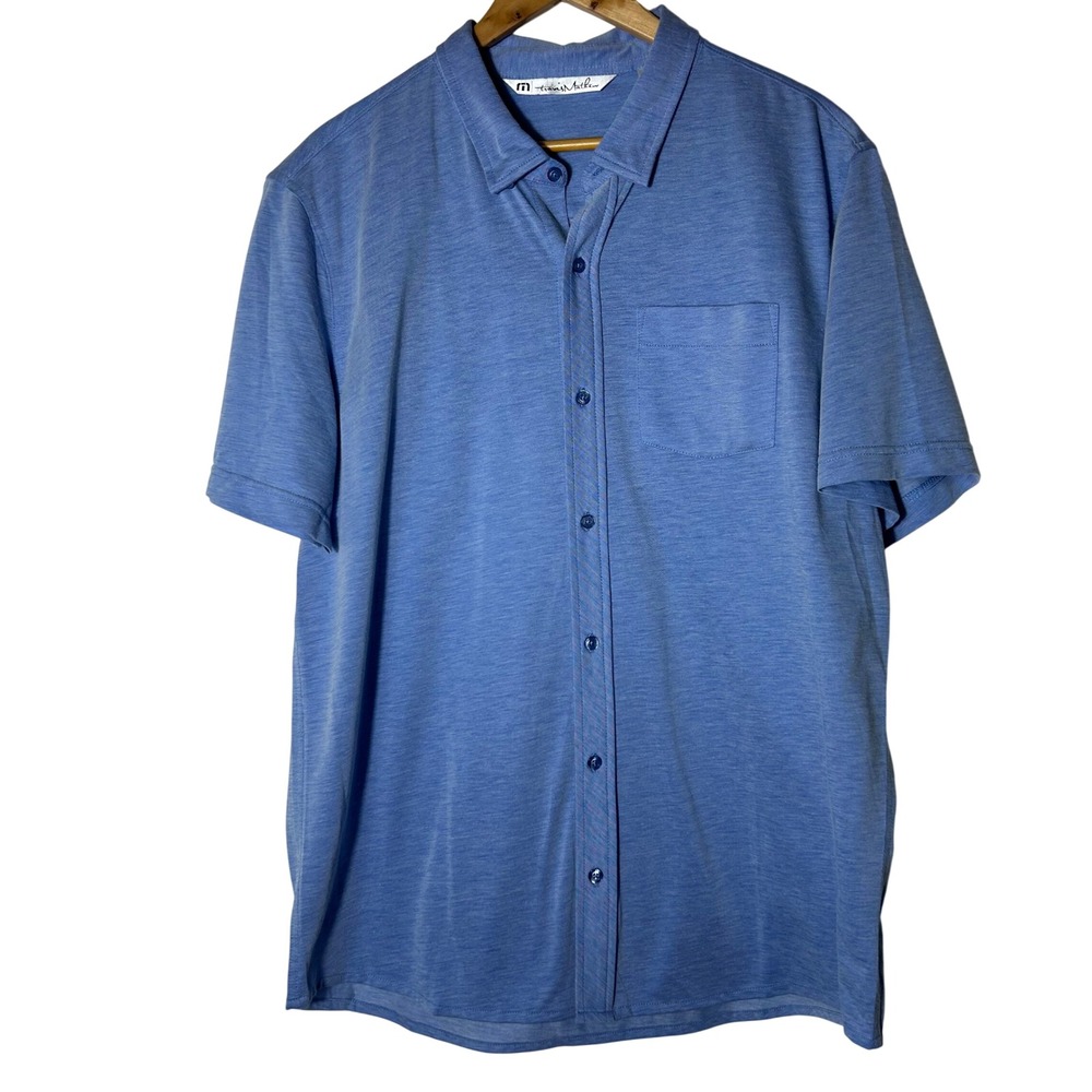 Travis Mathew Shirt XL Mens Blue Heathered Pima Cotton Short Sleeve Button Down